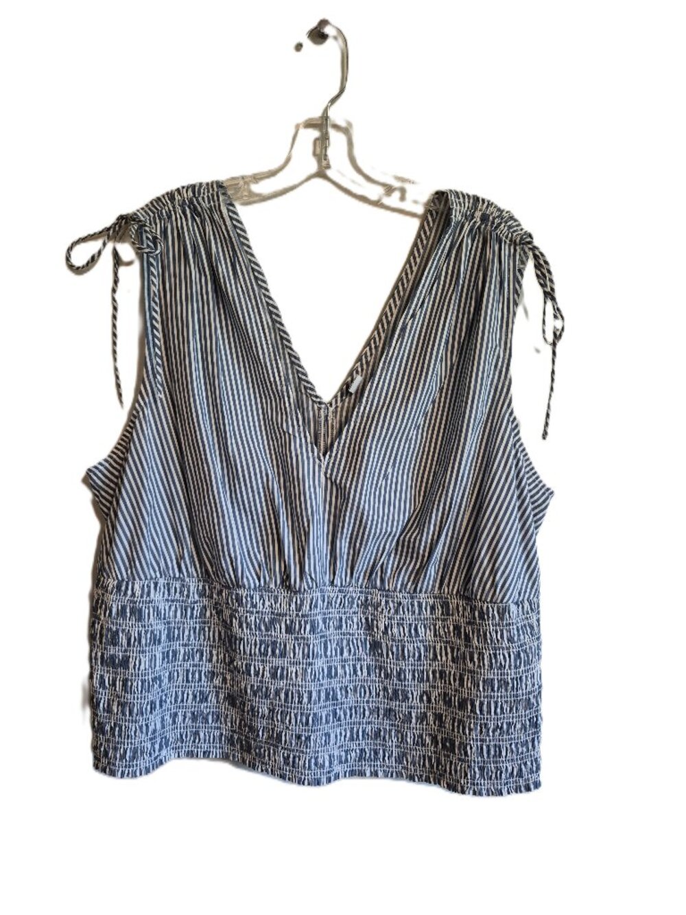 Fitted Striped Sleeveless V-Neck Tie-Shoulder Smocked Blouse 2X